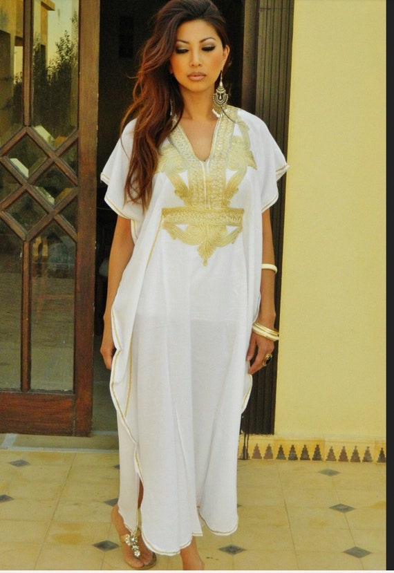 Spring White Caftan Kaftan Maxi Dress Beach cover up Marrakech Style- White with Gold Embroidery,,,,Spring dress  ,,Gifts for her