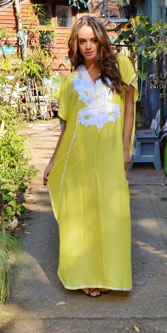 Trendy Clothing Yellow White Marrakech Resort Caftan Kaftan -beach cover ups, maxi dresses,maternity, dress,,Spring dress,,,Gifts for her