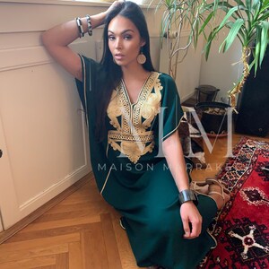 Etsy's Pick- Autumn Kaftan Dress Moroccan Green Gold Beach Caftan-beach cover up,resort dress,home dress,birthday,holiday dress, boho dress image 3