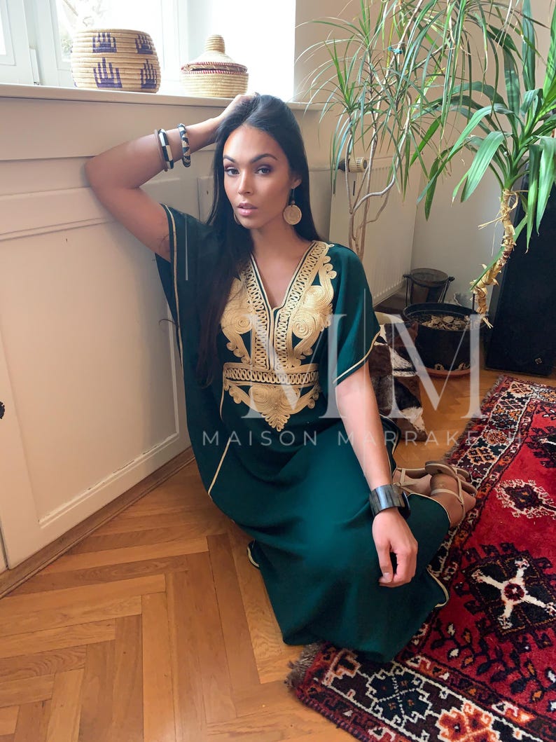 Etsy's Pick- Autumn Kaftan Dress Moroccan Green Gold Beach Caftan-beach cover up,resort dress,home dress,birthday,holiday dress, boho dress image 3