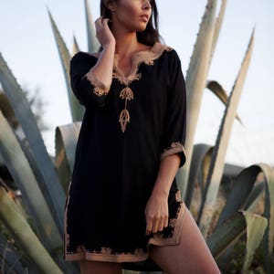 Spring Tunic Dress Black Brown Embroidery Moroccan Tunic Khalia gifts, holiday wear, casual wear, resortwear, beach wear, dress,, image 4