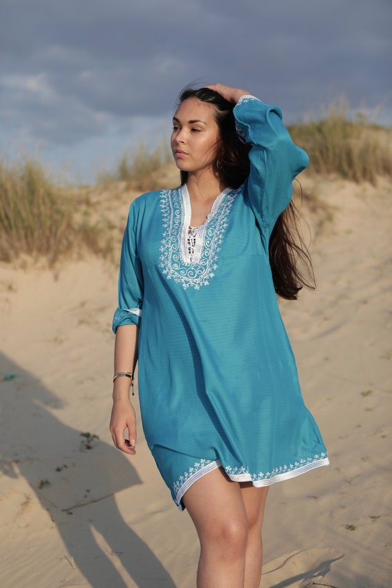 Summer Turquoise Blue Dress Marrakech White Boho Tunic -loungewear, resortwear, embroidery top, Marrakech Tunic, dress, beach top, cover up,