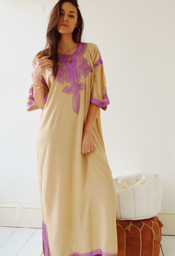 Summer Dress Kaftan Clothing Beige Lilac Caftan Kaftan Maxi Dress -Aziza -loungewear,resort kaftan,home dress,boho dress,Eid,Eid
