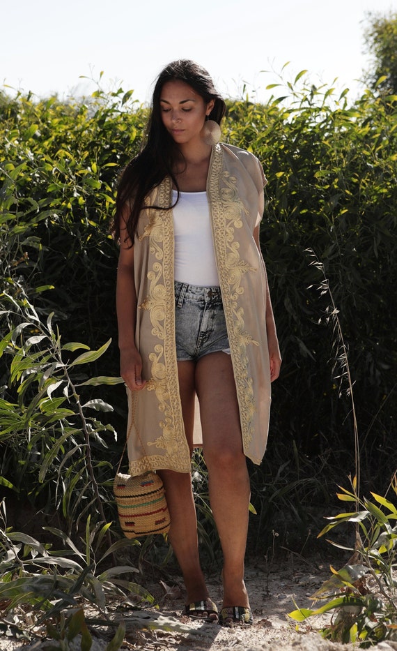 Summer Beige Gold Marrakech Kimono- Autumn kimono, Jacket, Beach Kimono, Bohemian, Moroccan kimono, robe, gown, boho kimono, birthday gift