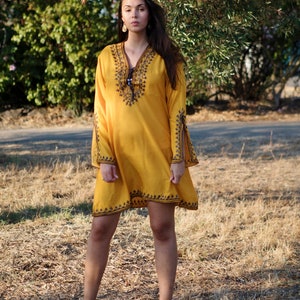 Spring Dress Mustard Tunic Dress,loungewear, resortwear, bohemian clothing, embroidery top, Spring dress,Spring dress,,Gifts for her image 5