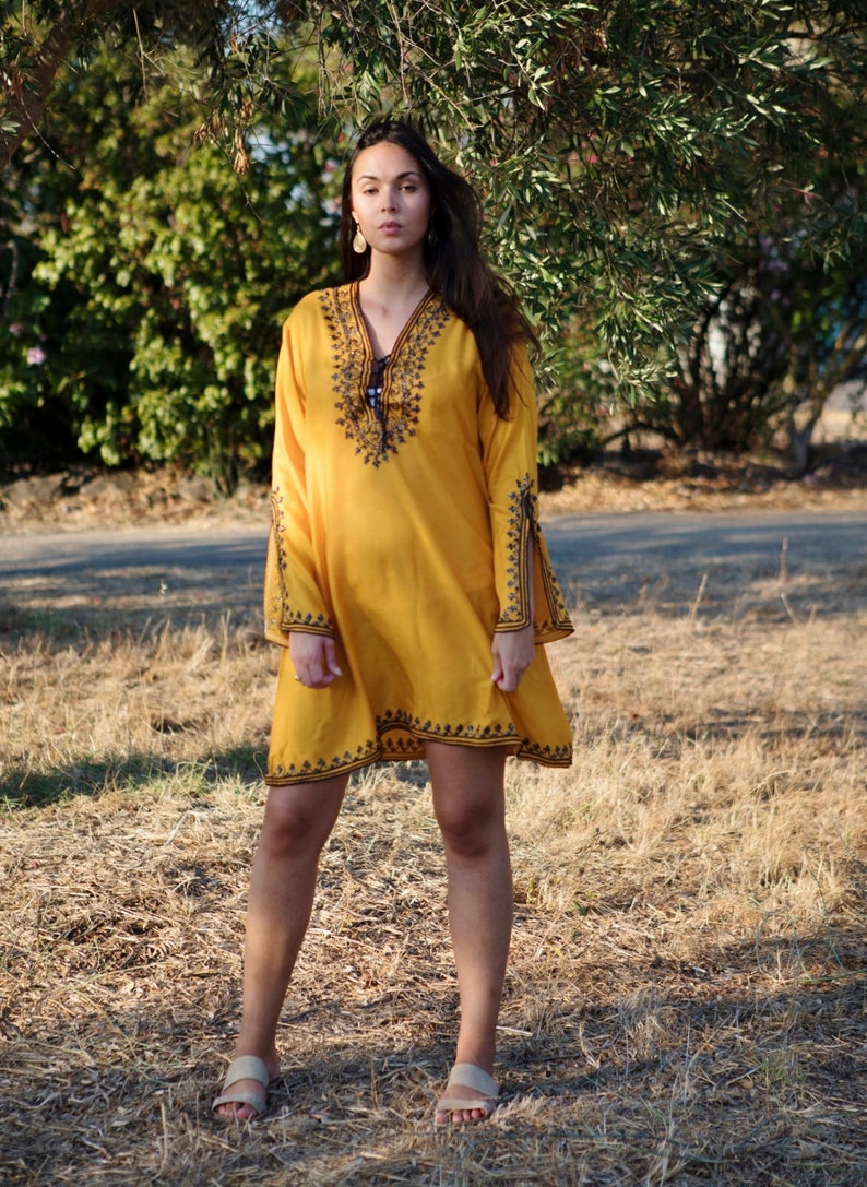 Spring Dress Mustard Tunic Dress,loungewear, resortwear, bohemian clothing, embroidery top, Spring dress,Spring dress,,Gifts for her image 5