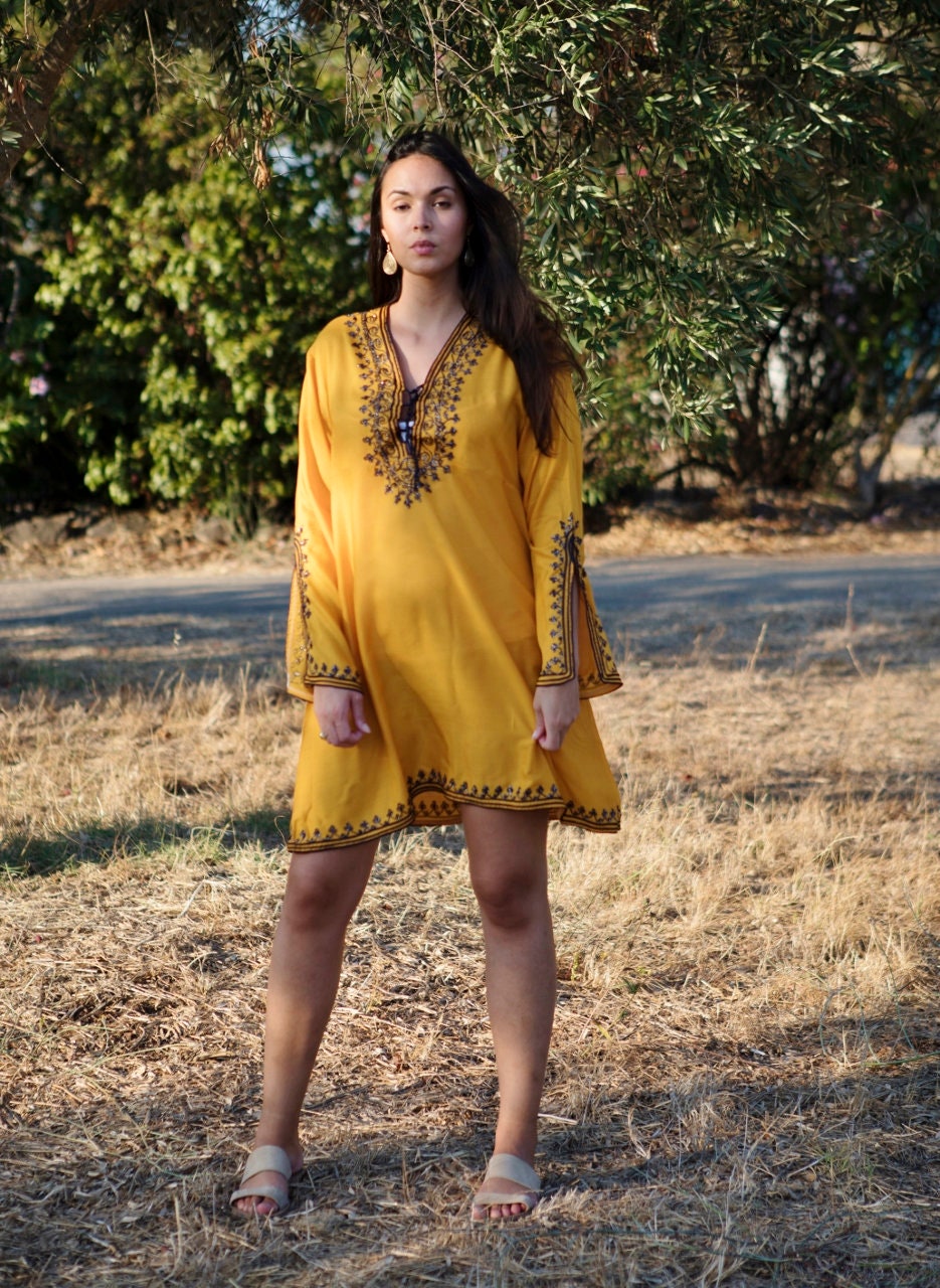MaisonMarrakech Winter Dress Mustard Tunic Dress Navy Blue Boho Tunic Loungewear Resortwear Bohemian Clothing Embroidery Top Tunic dress Gifts for Her