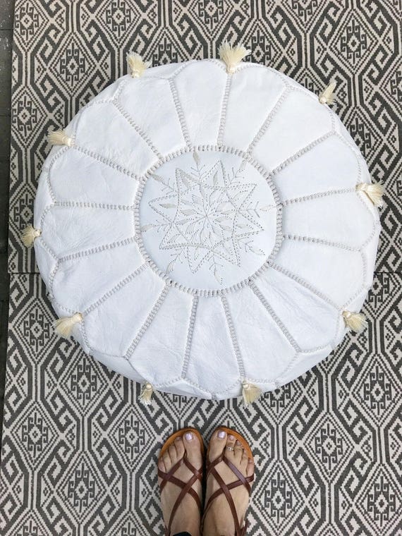 White Moroccan Leather Pouf with Tassels & Pompoms-Home gifts, wedding gifts,birthday gifts, ottoman, decor, ,,,father's day gift,Xmas gifts