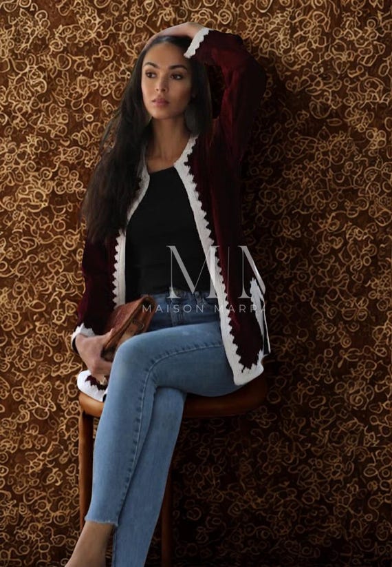 Winter Red Velvet Luxury Jacket White Embroidery-bohemian  jacket,  velvet jacket, embroidered jacket,gift for her,christmas gift