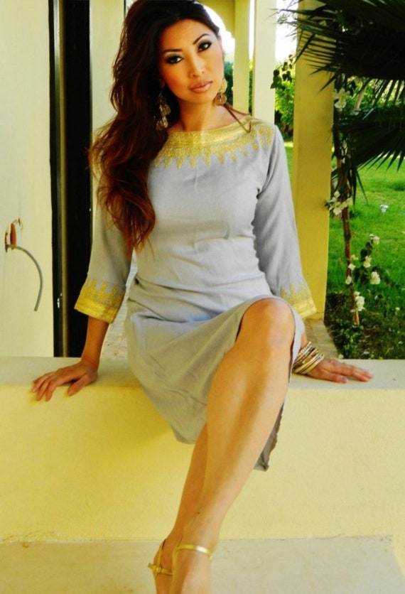Summer Dress Grey Resort Tunic Dress-Reina Style-birthday gifts, embroidery dress, resort dress, evening dress, gift for hers,holiday,Eid