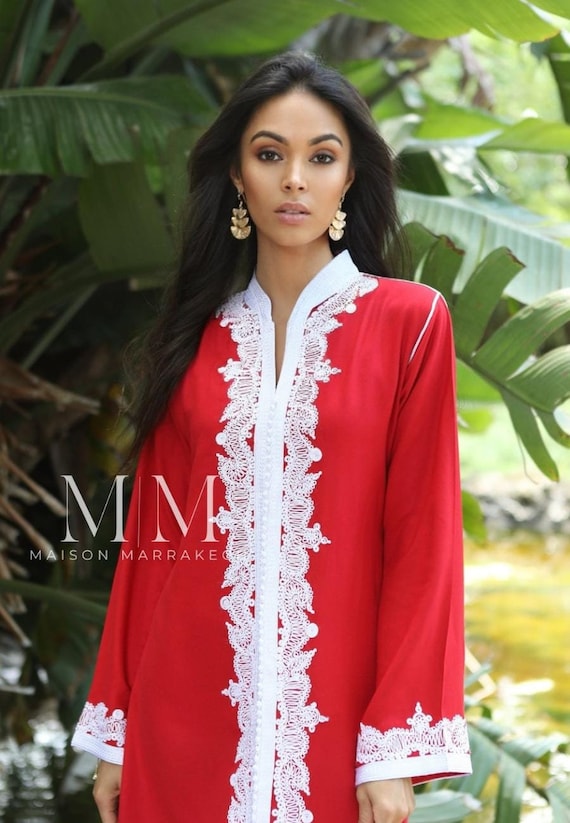 Summer Red & White Moroccan kaftan caftan Maxi Dress- Karima-loungewear,home dress,beach dress, resort dress, party dress,holiday cosy dress