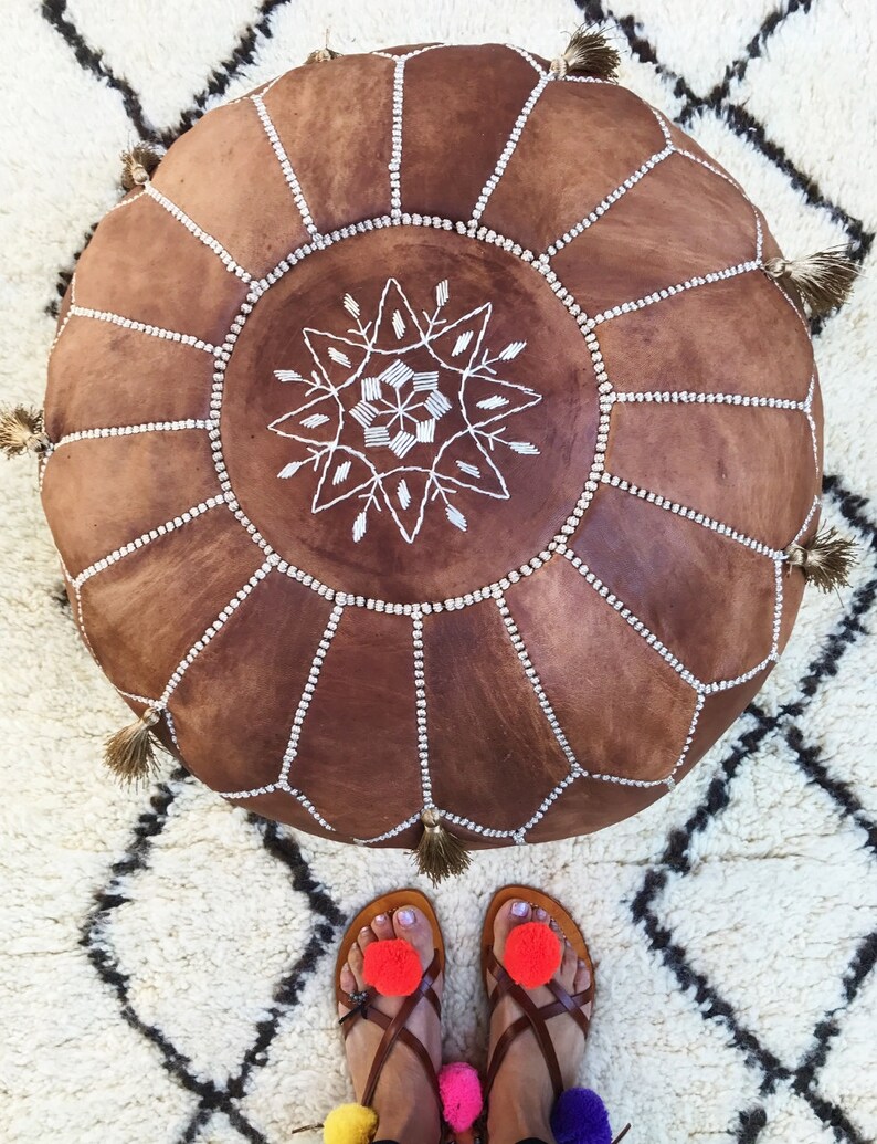 Tan Brown Moroccan Leather Pouf - Thumbnail 5