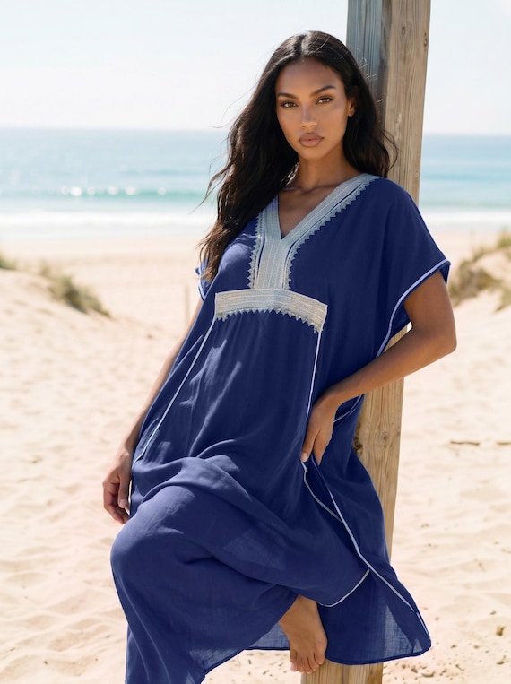 Blue Cotton Rayon Caftan Maxi Dress, Beach Resort Bohemian Dress, Holiday Dress, Moroccan Kaftan