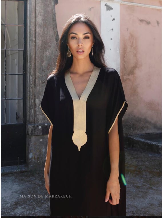 Spring Summer Black Gold Caftan Kaftan Gandora dress -Lounge resort kaftan,beach kaftan,home dress,Gift for her,moroccan holiday dress,Eid