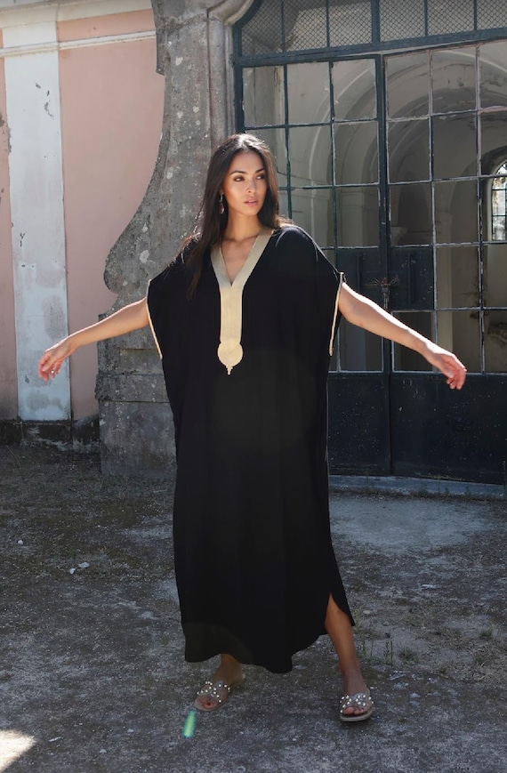 Spring Summer Black Gold Caftan Kaftan Gandora dress -Lounge resort kaftan,beach kaftan,home dress,Gift for her,vacation dress,evening dress