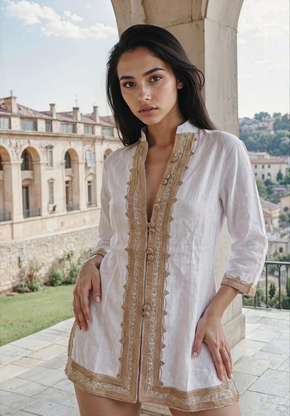 Spring Handmade White & Gold Brown Moroccan Tunic, holiday tunic,embroidery tunic, white shirt,gift for her, resort tunic,boho tunic,holiday