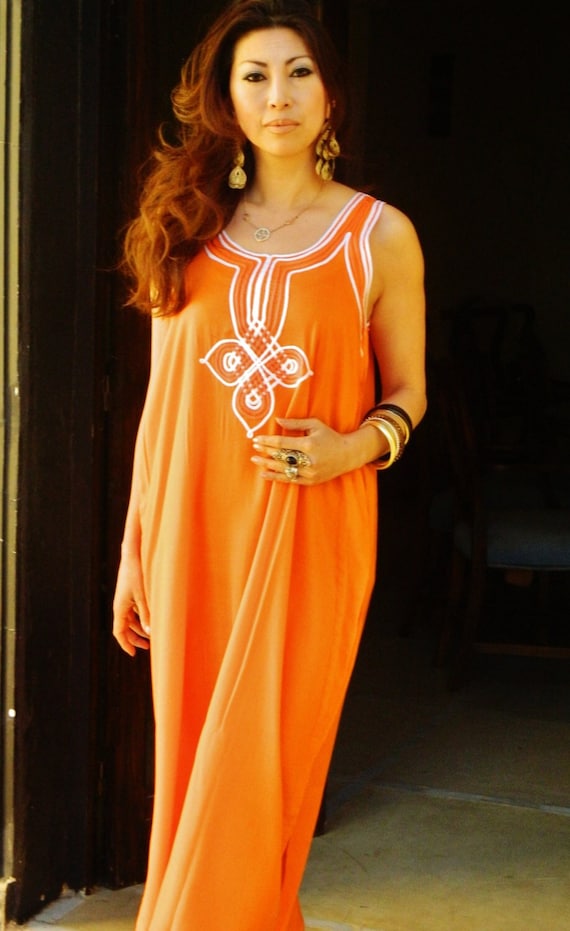 Spring Kaftan Resort Non-Sleeve Orange Caftan Agadir -loungewear, maternity gifts, dress,beach kaftan, resort wear,,vacations,,Gifts for her