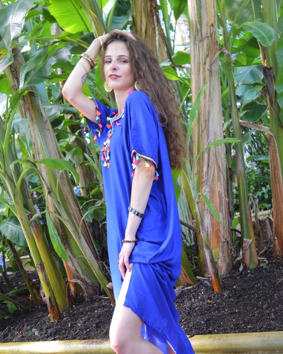 Blue Tassels Resort Caftan Kaftan -loungewear,as beachwear, beach cover ups, resort wear, gift  moms, , ,beach kaftan, gifts,,,Gifts for her