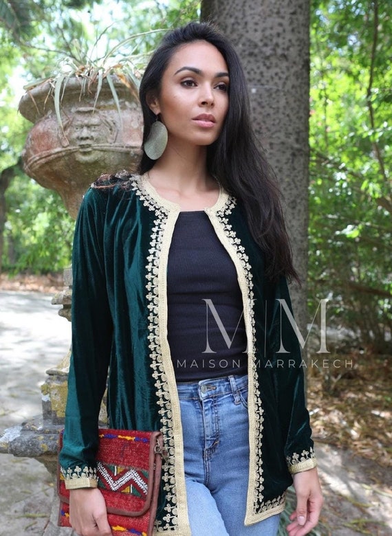NEW Summer Green Velvet Luxury Jacket White Embroidery-Nadia-bohemian  jacket, velvet jacket, embroidered jacket,birthday gift,gift for her