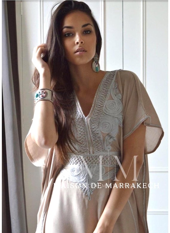 Summer Beige Kaftan Caftan Resortwear & Grey Embroidery - resortwear, Birthday gift,beach kaftan, lounge dress,home dress, Mother's day