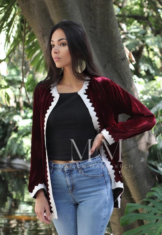 NEW Summer Red Velvet Luxury Jacket White Embroidery-bohemian  jacket,  velvet jacket, embroidered jacket,gift for her,valentines day gift