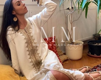 Spring Summer Caftan Kaftan White &Beige kaftan Maxi Dress- Karima-loungewear,beach kaftan, Spring moroccan dress, mother's day,Eid Eid