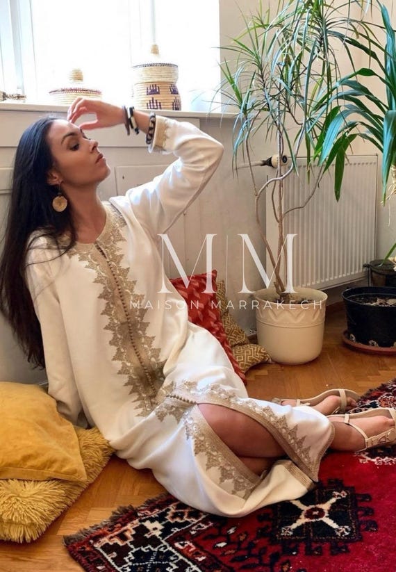 Summer Caftan Kaftan White &Beige kaftan Maxi Dress- Karima-loungewear,beach kaftan, Autumn moroccan dress, mother's day,summer dress,,Eid
