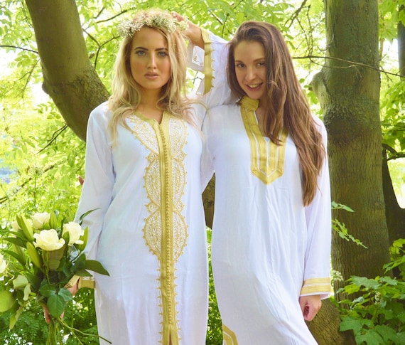 Summer Dress Summer Set of 2 White gold Moroccan caftan-Bride & Bridesmaid, ,  gifts,s,, gift,Summer gifts,,Gifts for her,summer dress,Eid