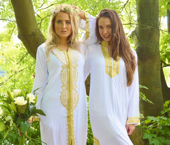 Spring Dress Spring Set of 2 White gold Moroccan caftan-Bride & Bridesmaid, ,  gifts,s,, gift,Spring gifts,,Gifts for her,summer dress