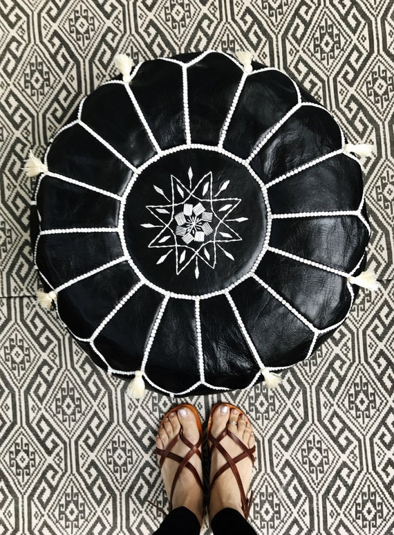 Black with White Stitching Moroccan Leather Pouf with Tassels & Pompoms-Home gifts,wedding gifts,birthday gift, decor,  gifts,,,Xmas gifts