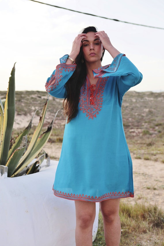 Turquoise Blue Dress White Boho Tunic -loungewear, resortwear, bohemian clothing, embroidery top, Marrakech Tunic, dress, beach top,