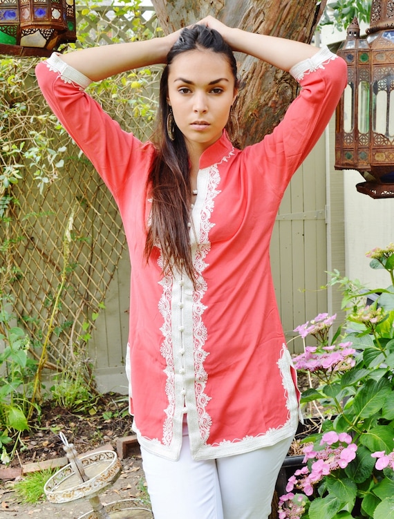Handmade Salmon Pink and White Moroccan Tunic-perfect  birthday gifts, holiday wear, casual wear, dress,beach kaftan,,,Summer dress,holiday