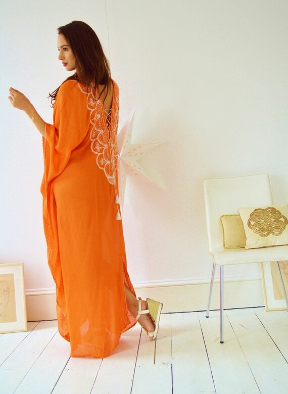 Holiday Orange Agadir Embroidery Beach Wedding Caftan Kaftan -cover ups,beach wedding,maxi dresses,honeymoon, maternity gifts, gifts  her