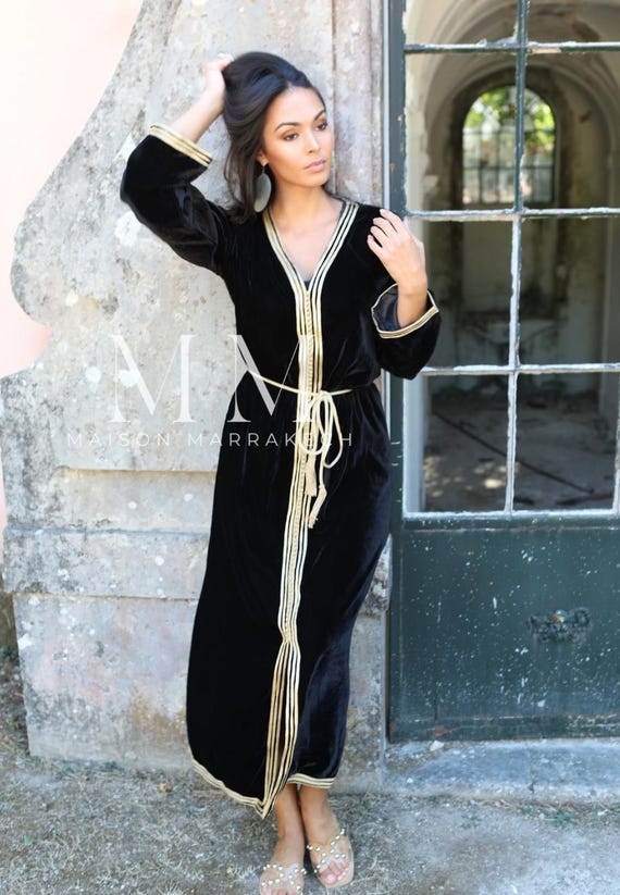 Autumn Long Velvet Black & Gold Luxury Kaftan Dress-bohemian kaftan, velvet dress, Moroccan Clothing,gift for her,party dress,christmas gift