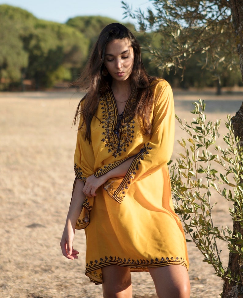 Spring Dress Mustard Tunic Dress,loungewear, resortwear, bohemian clothing, embroidery top, Spring dress,Spring dress,,Gifts for her image 6