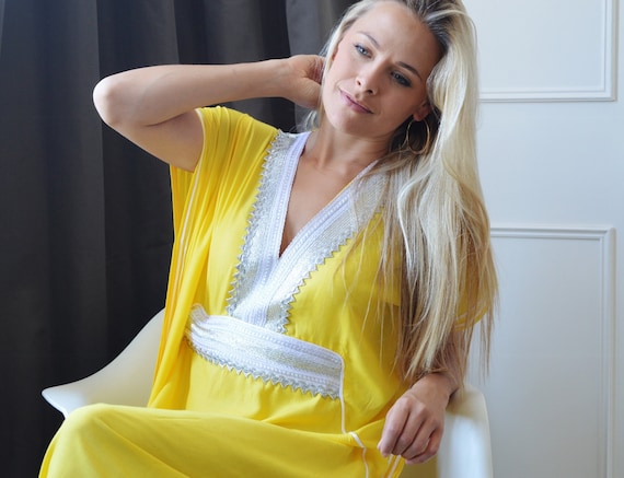 Yellow Caftan Kaftan Resortwear -Luxury  giftswear, resortwear,spa robe,  beach cover up, honeymoon, Birthdays or Maternity Gifts,,,holiday