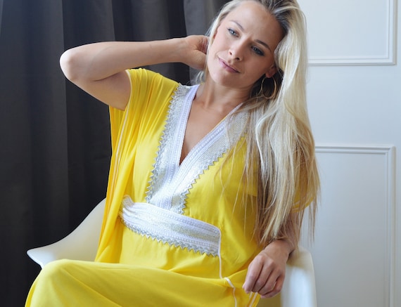 Yellow Caftan Kaftan Resortwear -Luxury  giftswear, resortwear,spa robe,  beach cover up, honeymoon, Birthdays or Maternity Gifts,, Ramadan