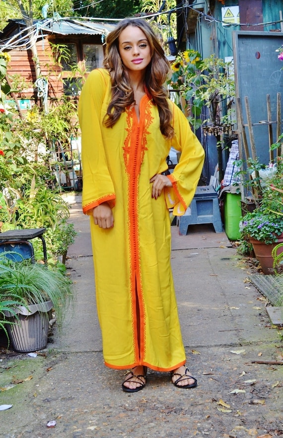 Spring Yellow Orange Moroccan Caftan Dress (Long) - Lella Luxury   giftswear, beachwear, gift  moms and to be moms,home dress wear