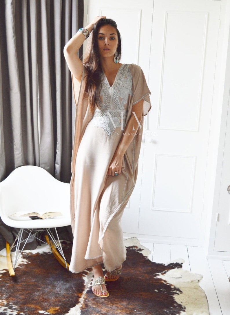 Spring Kaftan, Beige Silver Resort Caftan Kaftan-loungewear,beachwear,home dress, birthday gifts,beach kaftan, gift for her,summer dress image 2