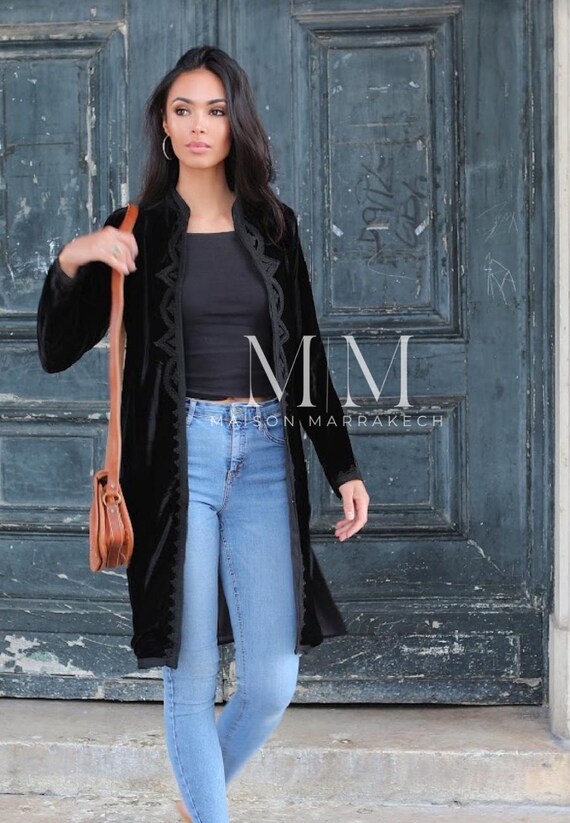 Winter Long BLACK Velvet Luxury Jacket with Embroidery-boho wear, birthday gifts, boho jacket, moroccan, gift for her,seasonal gift