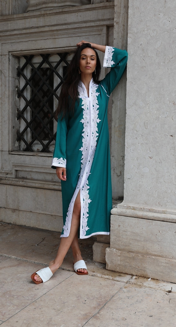 Etsy's Pick Gift-Green & White kaftan caftan Maxi Dress- Karima-loungewear,home dress,holiday dress,party dress,Moroccan kaftan,resort dress