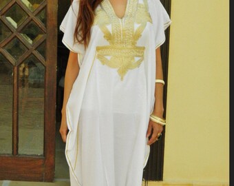 Spring White Kaftan Dress Kaftan Moroccan Resort Caftan Kaftan Marrakech-White Gold Embroidery, beach cover ups, resort , dress, , ,,,