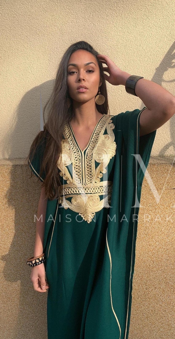 Etsy's Pick Gift-Summer Kaftan Dress Moroccan Green Gold Caftan-party dress,holiday dress,gift for her,home dress,resort dress,ramadan dress
