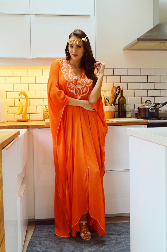 Orange Agadir Embroidery Beach Wedding Gown Caftan Kaftan -cover ups,beach wedding,maxi dresses,honeymoon, maternity gifts, gifts  her,