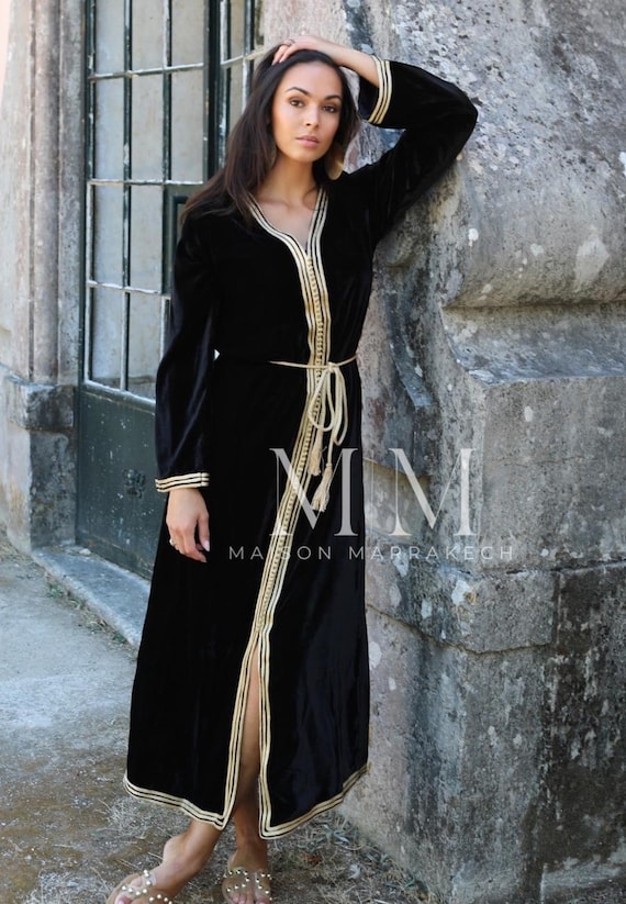 Autumn Long Velvet Black & Gold Luxury Kaftan Dress-bohemian kaftan, velvet dress, Moroccan Clothing,gift for her,party dress,christmas gift