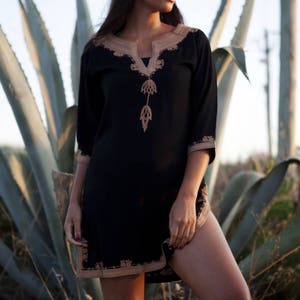 Spring Tunic Dress Black Brown Embroidery Moroccan Tunic Khalia gifts, holiday wear, casual wear, resortwear, beach wear, dress,, image 3