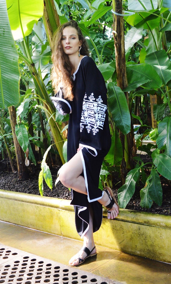 Summer Dress Black Floral Zina Marrakech Bohochic Kaftan Caftan,  Dress, Embroidered kaftan, Summer dress,,vacations,holiday,Eid