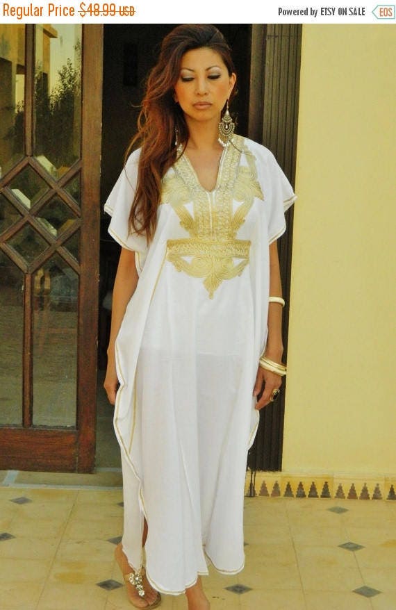 Spring White Kaftan Dress Kaftan Moroccan Resort Caftan Kaftan Marrakech-White Gold Embroidery, beach cover ups, resort , dress, , ,,,