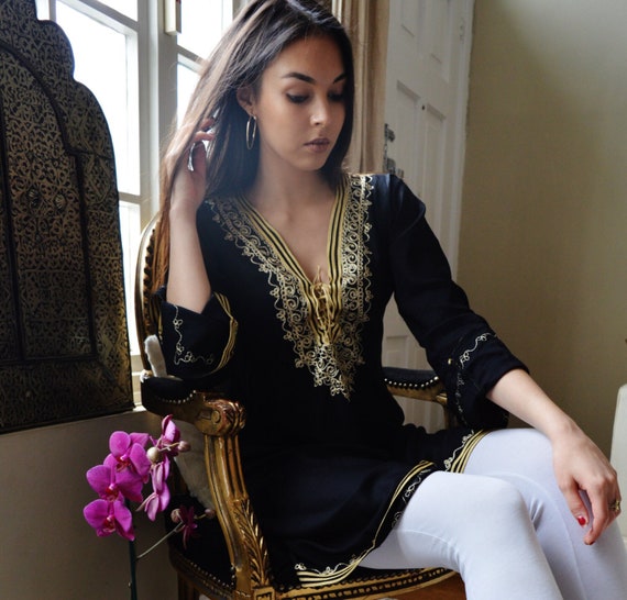 Spring Tunic Black with Gold Embroidery Traditional Marrakech Tunic Dress - Casualwear, resortwear, dress,holiday dress, resort tunic, gifts