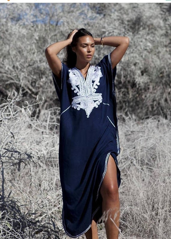 Etsy's Pick Gift-Dress Kaftan Caftan-Navy Blue & Silver Boho Marrakech, Beach dress,beach cover ups, resort dress,lounge dress,gift for her